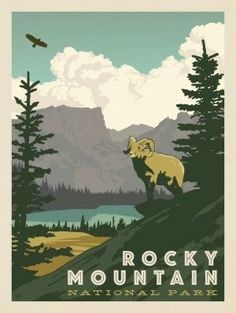 the rocky mountain national park is depicted in this vintage style poster, with mountains and trees