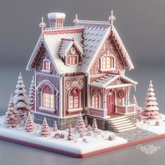 a paper model of a house with snow on the ground and trees in front of it