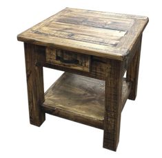 an old wooden table with one drawer on top and two shelves below it, against a white background