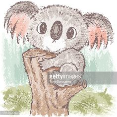 a drawing of a koala bear sitting on top of a tree stump with its eyes closed