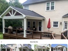 the before and after pictures of a house with porch, covered patio, and deck