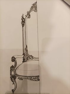 a drawing of a bed with a mirror behind it