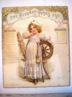 an old fashioned calendar with a woman holding a spinning wheel