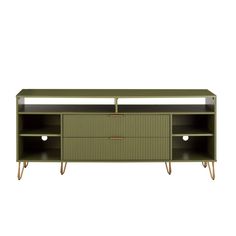 the sideboard has two drawers and one door on each side, which is open to reveal