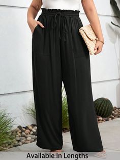 Plus Size Women's Solid Color Ruffled Waist Tie Pocket Wide Leg Loose Pants Black Casual   Woven Fabric Plain Wide Leg Non-Stretch  Women Plus Clothing, size features are:Bust: ,Length: ,Sleeve Length: Paperbag Hose, Womens Wide Leg Pants, Light Dress, Casual Wide Leg Pants, Plus Size Kleidung, Plus Size Pants, Pantalon Large, Plus Size Womens Clothing, Inspiration Mode