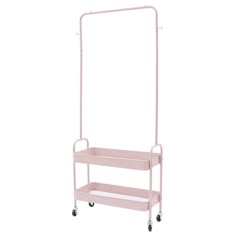 a pink rolling cart with two shelves and wheels on the bottom, in front of a white background