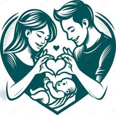 a man and woman holding a baby in their hands with a heart shaped frame behind them