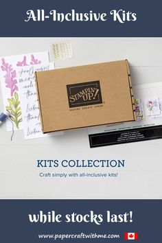 an advertisement for stampin's all - inclusive kits, including stamps and envelopes