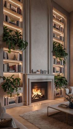 a living room with a fire place and bookshelves on the wall behind it