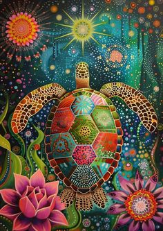 a painting of a turtle surrounded by flowers