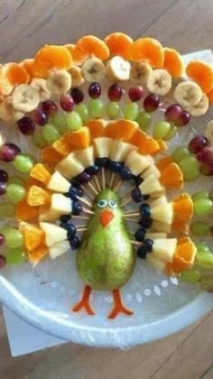 a turkey made out of fruit on a plate