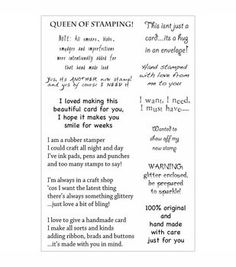 the poem is written in black and white on a piece of paper that says queen of stamping