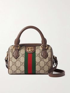 GUCCI Ophidia mini leather-trimmed and webbing-trimmed printed coated-canvas tote Luxury Purses Gucci Bags, Gucci Ophidia Small Shoulder Bag, Gucci Ophedia Bag, Gucci Leather Bag, Gucci Bag Outfit, Gucci Tote Bag With Leather Trim, Luxury Wishlist, Gucci Handbags Outlet, Shop Gucci