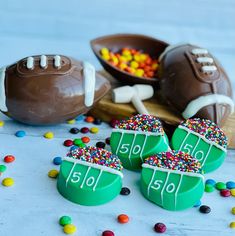 chocolate footballs with sprinkles and candy