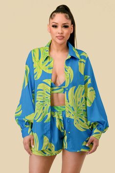 Vacay me now in our Summer Tropic Palm 3 piece short set. Long billow sleeved bloused with matching bralet and shorts. "Summer Tropic Palm 3PC Short Set” Chiffon long maxi length button up shirt Elastic waist Long sleeve Extended cuff Polyester Imported Cheap Tropical Print Beachwear Tops, Summer Tropical Print Blouse, Affordable Blue Tropical Bottoms, Affordable Color Block Summer Sets, Two Piece Pant Set Beach, Luxury Striped Sets For Spring, Luxury Summer Beach Shirt, Luxury Tropical Swimwear For Beach Season, Luxury Summer Sets With Motifs