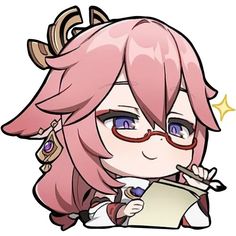 an anime character with pink hair and glasses holding a piece of paper in her hand