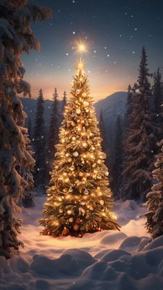 a lit christmas tree in the snow surrounded by pine trees