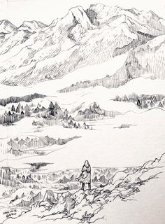 a black and white drawing of a man standing on top of a snow covered mountain