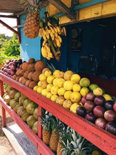 a fruit stand with pineapples, bananas and other fruits