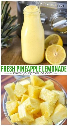 fresh pineapple lemonade in a glass bowl next to a mason jar and sliced pineapples