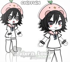 two cartoon girls with black hair and white clothes, one is wearing a pink hat