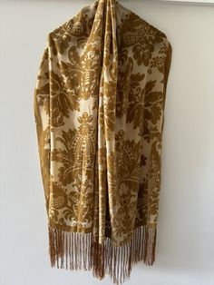 40% silk 60% viscose. 50x180 + 18 cm fringes. Large mustard gold brown scarf stole evening look Elegant Fringed Shawl Scarf, Elegant Fringe Shawl Scarf, Silk Shawl Scarves For Evening, Elegant Brown Pashmina Scarves, Elegant Brown Pashmina Scarf, Elegant Fringed Scarves For Fall, Elegant Fall Shawl With Tassels, Gold Shawl For Formal Festive Occasions, Gold Shawl For Festive Evening