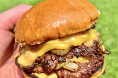 a close up of a person holding a cheeseburger in their hand on the grass