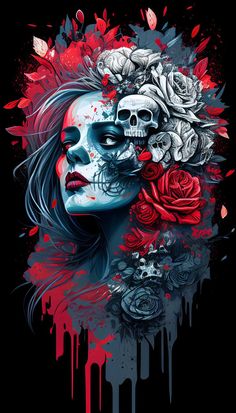 a woman's face with roses and skulls on it