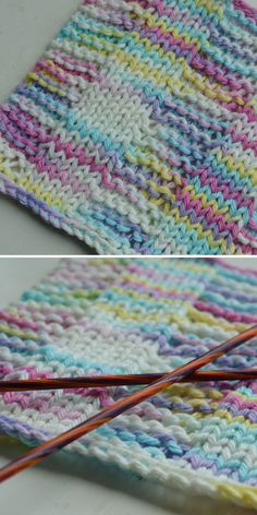 crocheted dishcloth being worked on with two knitting needles, and then finished