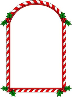 a red and white striped frame with holly leaves on it, surrounded by candy canes