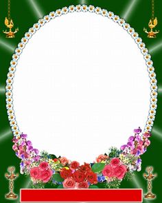 a round frame with flowers and candles around it on a green background, surrounded by red ribbon