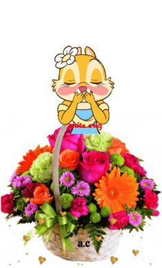 a basket filled with lots of colorful flowers and a cartoon character on top of it