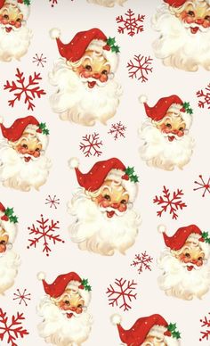 a santa clause pattern with snowflakes and red hats on white background for wallpaper