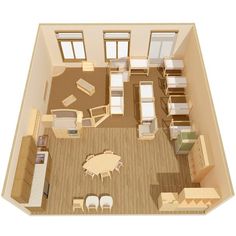 an overhead view of a living room and kitchen area in a small apartment with wood flooring