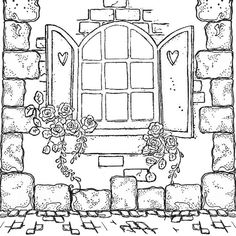 a black and white drawing of a window with flowers on it, surrounded by bricks