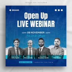 an open up live webinar flyer with three men in suits and ties on it