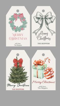 four christmas gift tags with ribbons and bows on them, one has a tree in the middle