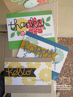 three greeting cards with flowers and the words hello sunshine on them, sitting next to each other