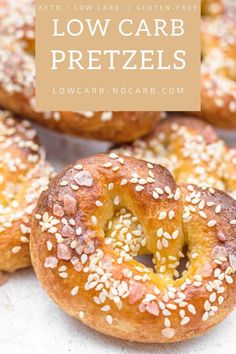 low carb pretzels with sesame seeds on top and the words low carb pretzels above them