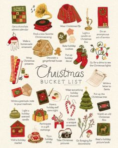 a christmas bucket list is shown in this hand drawn illustration, with the words and symbols above it