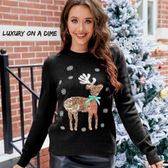 Sequin Reindeer Knit Round Neck Classy Long Sleeve Holiday Sweater Top This Festive Knit Sweater Offers Functionality With A Fun, Sparking Playful Print Thats Not Just For Christmas. Features A Glittering Sequin Graphic Of A Reindeer With A Cute Ribbon Bow. Embroidered White Snowflakes Give A Elevated & Elegant Touch. Round Neckline With Long Sleeves And Bottom Hem All Have A Ribbed Trim. Perfect Pullover For Pairing With Jeans Or Leggings For Fall And Easy To Layer For Winter. Casual Chic Sophi Deer Sweater, Deer Embroidery, Winter Deer, Black Deer, Black Christmas, Christmas Deer, Knitting Women Sweater, Christmas Knitting, Sequin Top