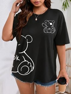 Bear Print Drop Shoulder T shirt Short Sleeve Crew Neck - Temu Drop Shoulder T Shirt, Dressy Casual Outfits, Shirt Short Sleeve, Bear Print, Dressy Casual, Drop Shoulder, Casual Tops, Casual Outfits, Spring Summer