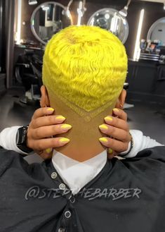 Women With Fade Haircut, Short Haircut With Design Black Women, Colored Shaved Hair Black Women, Big Chop Colored Hair, Haircut Designs For Women Black, Women Fade Haircut, Black Women Short Haircut Fade Designs, Yellow Natural Hair Black Women