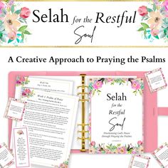 an open bible with the words selah for the restful and flowers on it