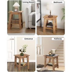 four different types of wooden tables in various stages of being used for living room furniture