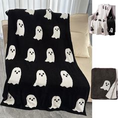 a black and white blanket with ghost faces on it