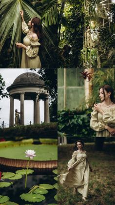 four different pictures with woman in white dress and waterlily pond, one is holding lily