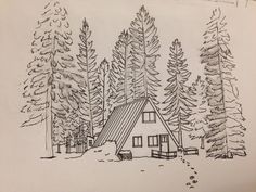 a drawing of a cabin in the woods with pine trees and footprints on the ground