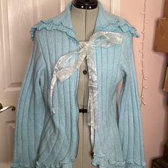 April Cornell Blue Sweater Sweat Shirt With Ribbon Tassel Cold Wash Or Dry Clean Womens Medium Unworn Cute Button Up Sweaters, Shirt With Ribbon, Ribbon Sweater, Ribbon Tassel, Shabby Chic Clothes, April Cornell, Pretty Clothes, Blue Sweater, Chic Clothes