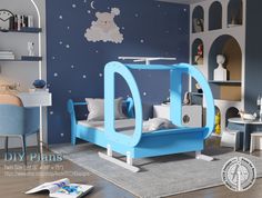 a child's bedroom with blue walls and white furniture, including a bed frame